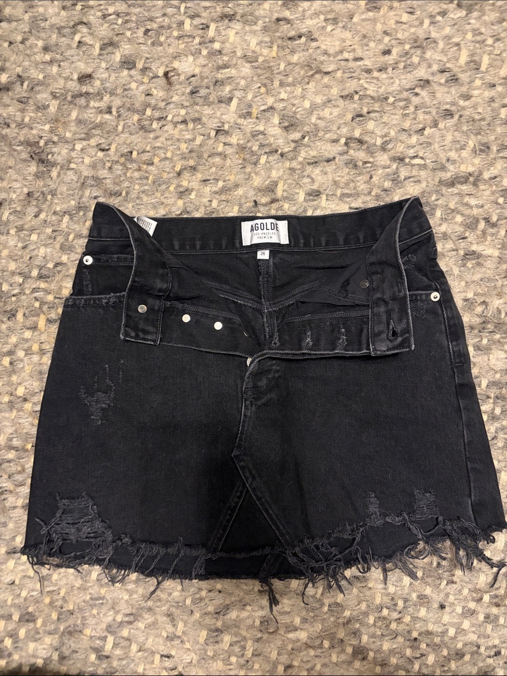 AGOLDE Black Distressed Denim Skirt